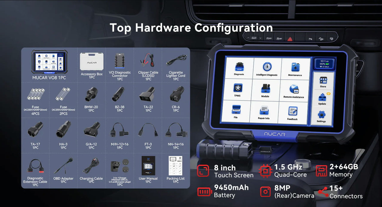 MUCAR VO8 multi-brand diagnostic tool with 8-inch touchscreen