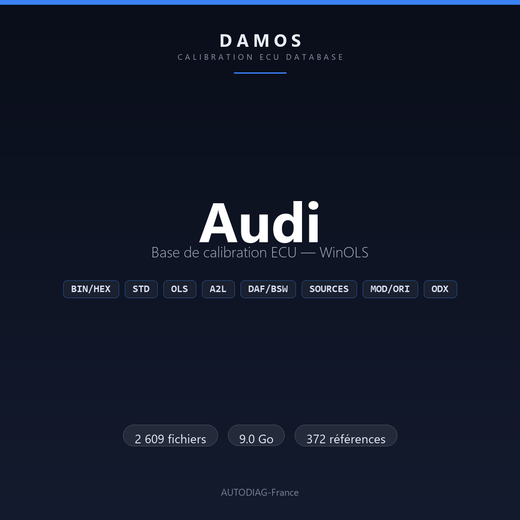 Bannière DAMOS Audi — base de calibration ECU WinOLS, 2 609 fichiers