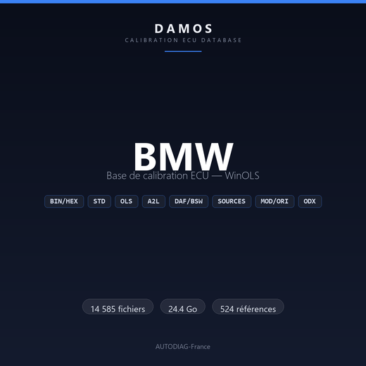 Bannière DAMOS BMW — base de calibration ECU WinOLS, 14 585 fichiers