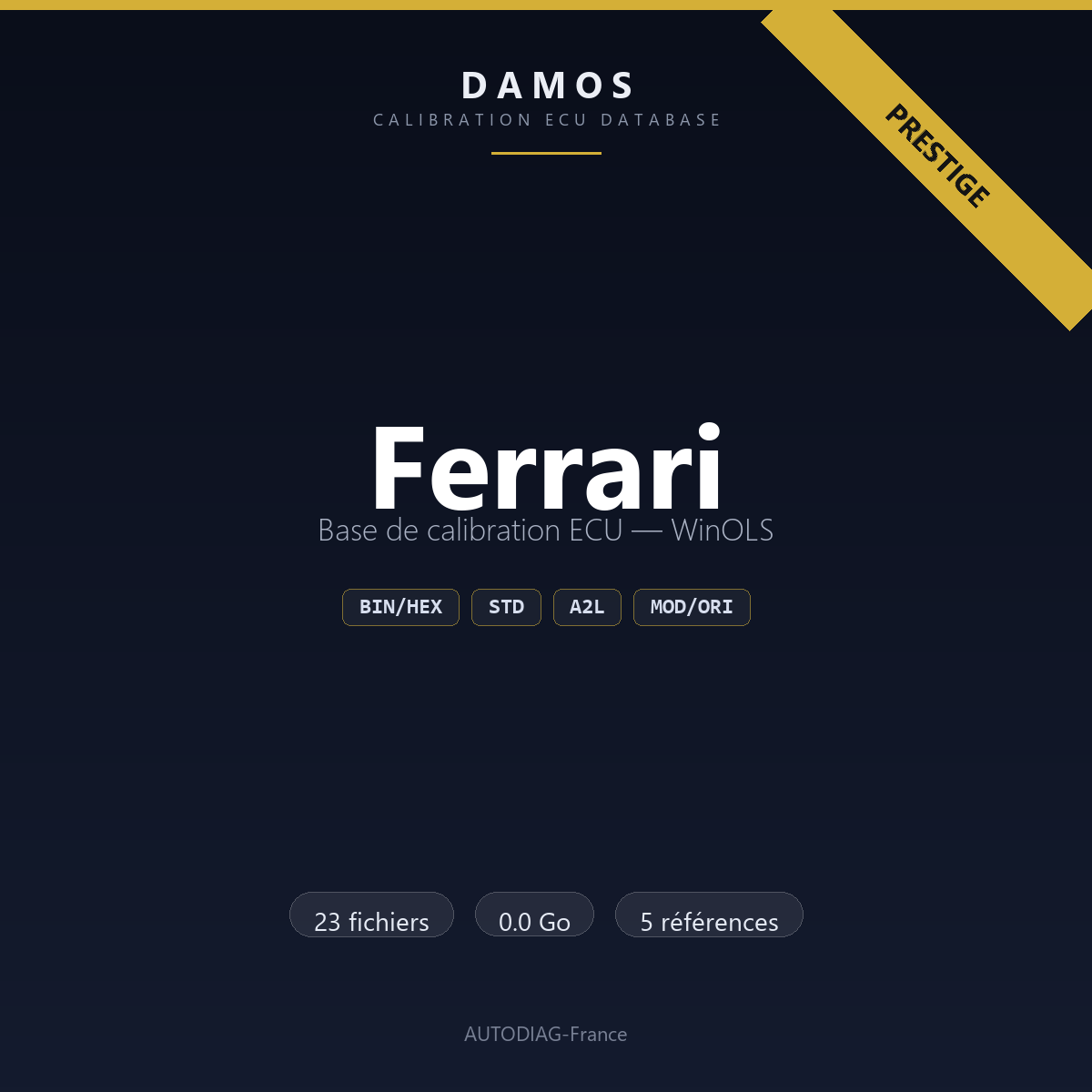 Bannière DAMOS Ferrari — base de calibration ECU WinOLS, 23 fichiers