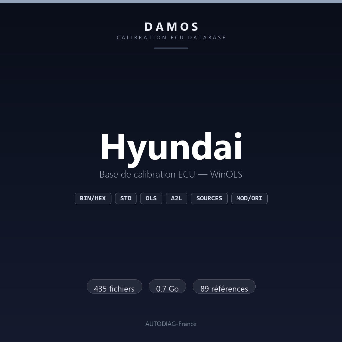 Bannière DAMOS Hyundai — base de calibration ECU WinOLS, 435 fichiers