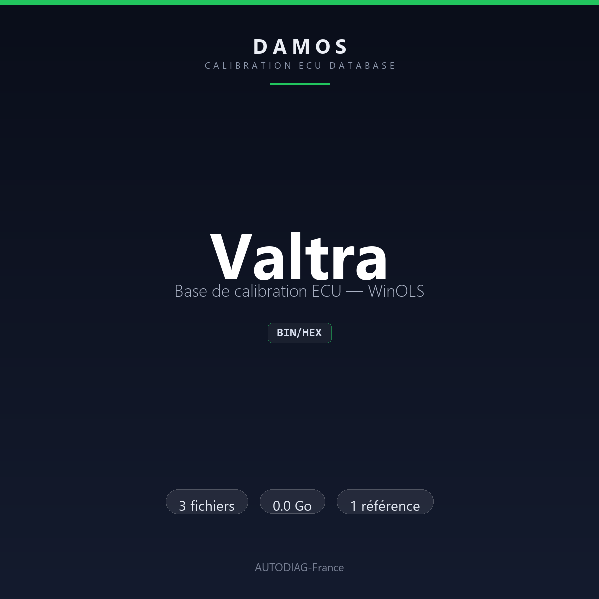 Bannière DAMOS Valtra — base de calibration ECU WinOLS, 3 fichiers